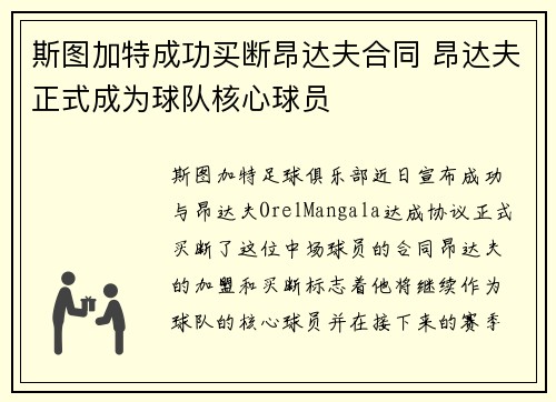 斯图加特成功买断昂达夫合同 昂达夫正式成为球队核心球员